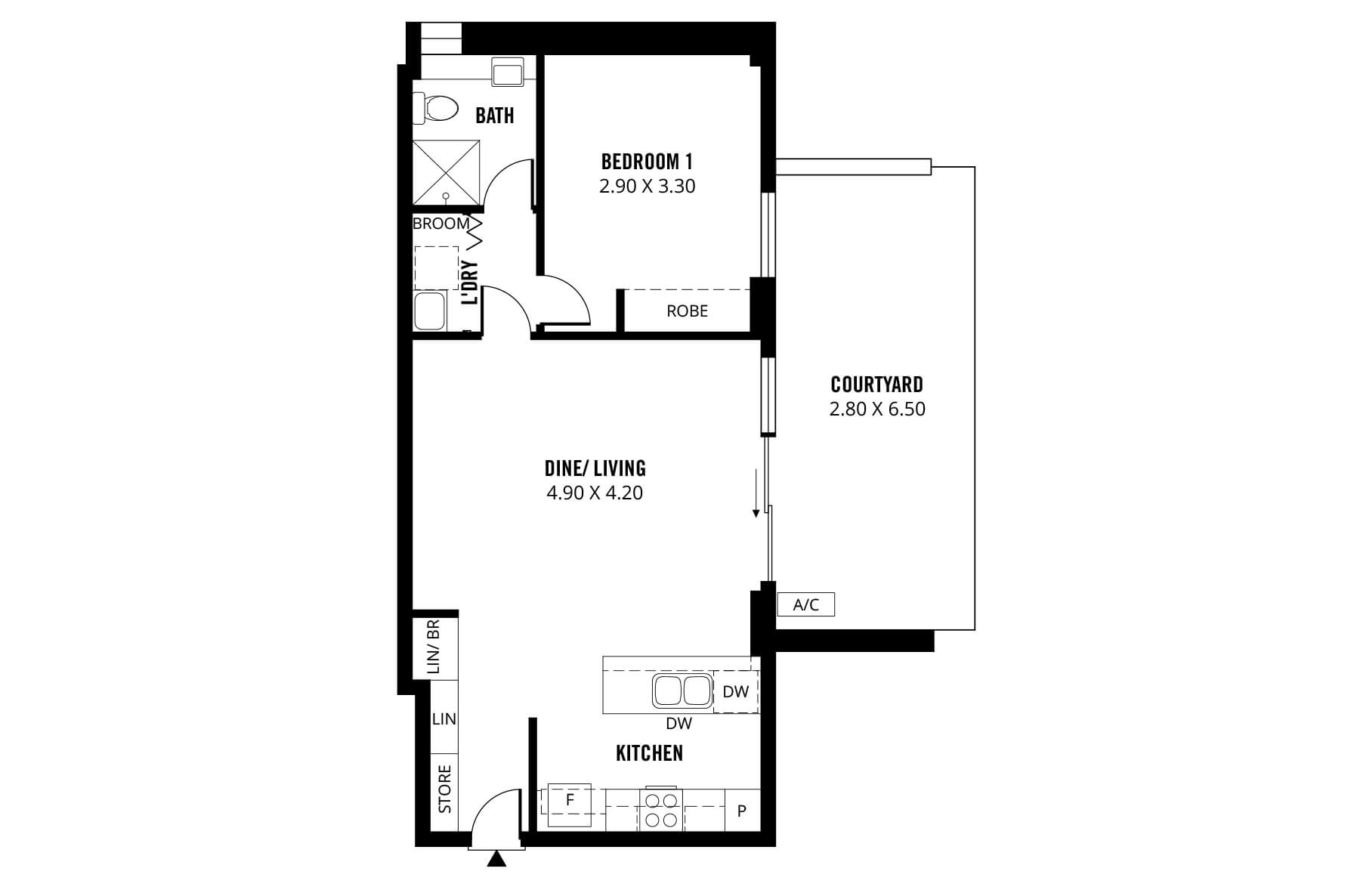 One bedroom floor plan at Vertex Apartments
