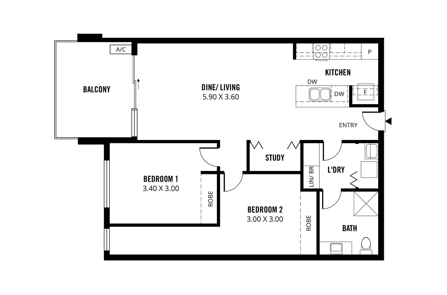 Two bedroom floor plan at Vertex Apartments