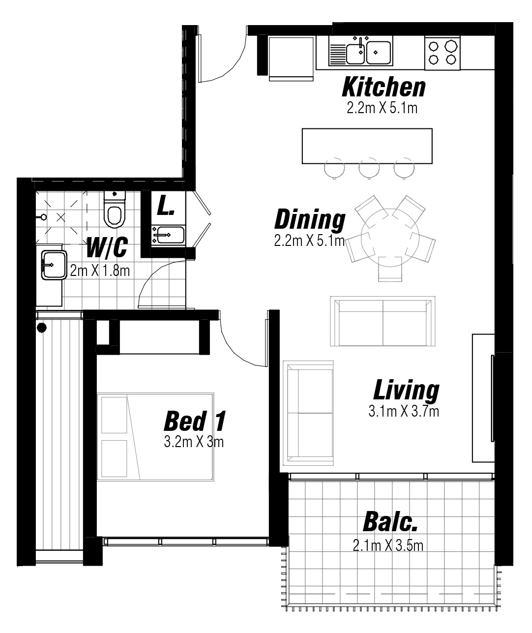 One bedroom floor plan at Vertex Apartments