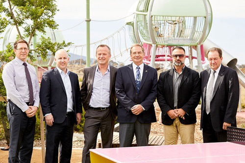 L-R: Toby Long (General Manager Mirvac), Tony Gallagher (Regional General Manager, Peet Limited), Malcolm Leslie (Senior Project Director, Peet Limited), Mayor Tim Overall, Councillor Michele Biscotti, James Service (Chair of Googong Township)