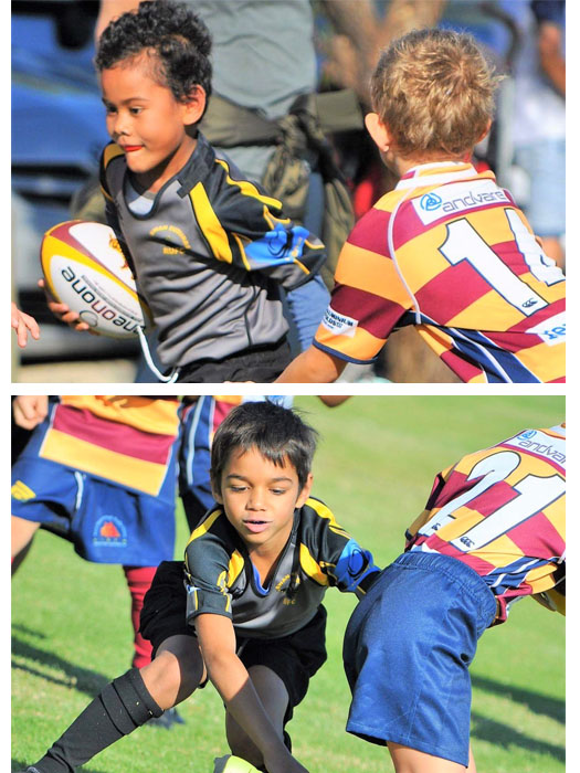 Two photos of two boys playing rugby